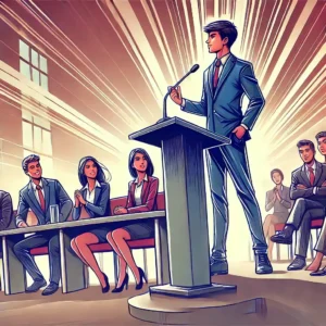 A dynamic illustration of a student presenting to a university administration panel. 