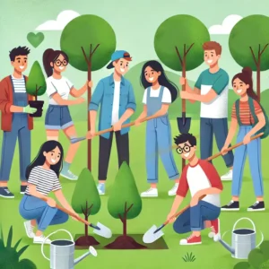 An illustration of students working together on a community project as part of a student government initiative. 